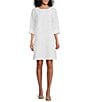 Color:White - Image 1 - Tropical Jacquard Boat Neck 3/4 Cuff Sleeve Pocketed Shift Dress