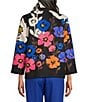 Color:Multi Black - Image 2 - Whimsical Flower Print Ruched Stand Collar Bracelet Sleeve Zip Front Jacket