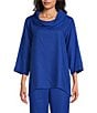 Color:Marine - Image 1 - Woven Linen Blend Cowl Neck 3/4 Sleeve Side Pocket Easy Fit Tunic