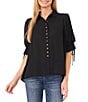 Color:Rich Black - Image 1 - Collared Short Tie Sleeve Button Front Blouse