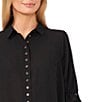 Color:Rich Black - Image 3 - Collared Short Tie Sleeve Button Front Blouse