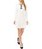 Color:Antique White - Image 1 - Crew Neck Long Sleeve Contrasting Trim Bow Front Ribbed Knit Pocketed Sweater Dress