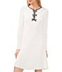 Color:Antique White - Image 3 - Crew Neck Long Sleeve Contrasting Trim Bow Front Ribbed Knit Pocketed Sweater Dress