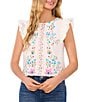Color:New Ivory - Image 1 - Crew Neck Ruffle Sleeveless Floral Blouse
