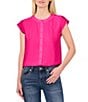 Color:Bright Rose - Image 1 - Crew Neck Scalloped Cap Sleeve Button Front Blouse