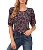 Color:Rich Black - Image 1 - Crew Neck Short Puffed Sleeve Floral Blouse