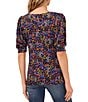 Color:Rich Black - Image 2 - Crew Neck Short Puffed Sleeve Floral Blouse