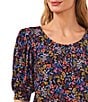 Color:Rich Black - Image 3 - Crew Neck Short Puffed Sleeve Floral Blouse