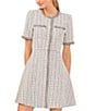 Color:New Ivory - Image 3 - Crew Neck Short Sleeve Rhinestone Button Front Tweed Fit and Flare Dress