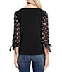Color:Rich Black - Image 2 - Floral Embroidered 3/4 Tie Sleeve Crew Neck Knit Top