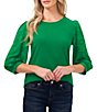Color:Lush Green - Image 1 - Jewel Neck 3/4 Blouson Sheer Floral Motif Sleeve Knit Top