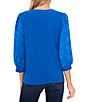 Color:Lapis Blue - Image 2 - Jewel Neck 3/4 Blouson Sheer Floral Motif Sleeve Knit Top