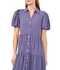 CeCe Gauze Point Collar Short Puff Sleeve Button Front Tiered Midi Shirt Dress, Color:Brisk Blue - Image 3