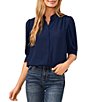 CeCe Heavy Georgette Mandarin Collar Elbow Sleeve Button Front Shirt - Image 1