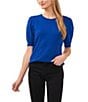Color:Deep Royal Blue - Image 1 - Knit Crew Neck Short Puff Sleeve Top