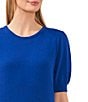 Color:Deep Royal Blue - Image 3 - Knit Crew Neck Short Puff Sleeve Top