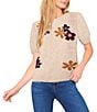 CeCe Knit Floral Print Crew Neck Short Sleeve Sweater, Color:Oatmeal - Image 1