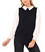 CeCe Knit Point Collar Long Sleeve Twofer Scalloped Sweater, Color:Rich Black - Image 1