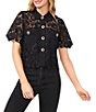 CeCe Lace Collared Short Sleeve Patch Pocket Button Front Top, Color:Rich Black - Image 1
