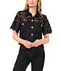 CeCe Lace Collared Short Sleeve Patch Pocket Button Front Top, Color:Rich Black - Image 3