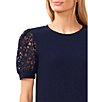 CeCe Lace Puff Short Sleeve Crew Neck Blouse, Color:Classic Navy - Image 3