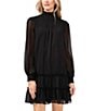 Color:Rich Black - Image 3 - Long Balloon Sleeve Smocked Mock Neck Ruffle Tiered Swing Dress