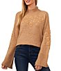 Color:Latte Heather - Image 1 - Long Bell Sleeve Mock Neck Embroidered Sweater