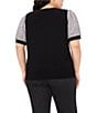 CeCe Plus Size Crepe Knit Round Neck Gingham Puff Sleeve Top, Color:Rich Black - Image 2