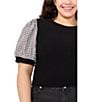 CeCe Plus Size Crepe Knit Round Neck Gingham Puff Sleeve Top, Color:Rich Black - Image 3