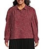 Color:Mulberry Red - Image 1 - Plus Size Ditzy Floral Print Point Collar Long Sleeve Button Front Woven Top