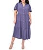 CeCe Plus Size Drapey Gauze Point Collar V Neck Short Puff Sleeve Button Front Tiered Midi A-Line Shirt Dress, Color:Brisk Blue - Image 1