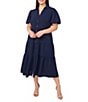 CeCe Plus Size Drapey Gauze Point Collar V Neck Short Puff Sleeve Button Front Tiered Midi A-Line Shirt Dress, Color:Classic Navy - Image 1