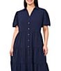 CeCe Plus Size Drapey Gauze Point Collar V Neck Short Puff Sleeve Button Front Tiered Midi A-Line Shirt Dress, Color:Classic Navy - Image 3
