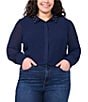 CeCe Plus Size Georgette Floral 3D Applique Pointed Collar Long Sleeve Hidden Button Front Blouse, Color:Classic Navy - Image 1