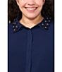 CeCe Plus Size Georgette Floral 3D Applique Pointed Collar Long Sleeve Hidden Button Front Blouse, Color:Classic Navy - Image 3