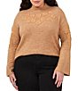 Color:Latte Heather - Image 1 - Plus Size Long Bell Sleeve Floral Embroidered Funnel Neck Sweater
