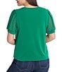 Color:Lush Green - Image 2 - Plus Size Crew Neck Puffed Short Sleeve Mixed Media Knit Top