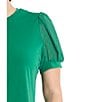 Color:Lush Green - Image 3 - Plus Size Crew Neck Puffed Short Sleeve Mixed Media Knit Top