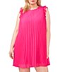 Color:Bright Rose - Image 3 - Plus Size Round Neck Flutter Sleeveless Pleated Shift Mini Dress