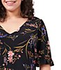 Color:Rich Black - Image 4 - Plus Size V-Neck Ruffled Short Sleeve Floral Print Knit Dress