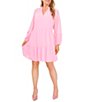 Color:Pink Begonia - Image 1 - Plus Size Tiered Split V-Neck Long Sleeve Clip Dot Ruffle Babydoll Dress