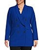 Color:Deep Royal Blue - Image 4 - Plus Size Twill Double Breasted Shawl Collar Long Sleeve Blazer