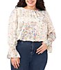 Color:Egret - Image 1 - Plus Size Watercolor Floral Print Pleated Crew Neck Long Sleeve Smocked Cuff Blouse