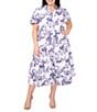 CeCe Plus Size Woven Floral Print Collared Short Puff Sleeve Midi Shirt Dress, Color:Ultra White - Image 1