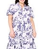 CeCe Plus Size Woven Floral Print Collared Short Puff Sleeve Midi Shirt Dress, Color:Ultra White - Image 3