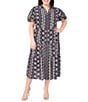 CeCe Plus Size Woven Printed Collared Short Puff Sleeve Button Front Tiered Midi Dress, Color:Classic Navy - Image 1