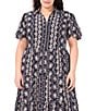 CeCe Plus Size Woven Printed Collared Short Puff Sleeve Button Front Tiered Midi Dress, Color:Classic Navy - Image 3