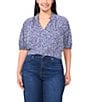 CeCe Plus Size Woven Printed Split Round Ruffle Neckline Short Puff Sleeve Blouse, Color:Ocean Blue - Image 1