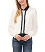 Color:New Ivory - Image 1 - Point Collar Long Cuffed Sleeve Contrasting Ruffle Trim Button Front Blouse