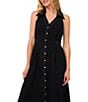 Color:Rich Black - Image 3 - Point Collar Sleeveless Button Front Crepe Midi Shirt Dress